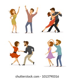 collection of couples dancing tango, twist, disco clubbing and romantic dance