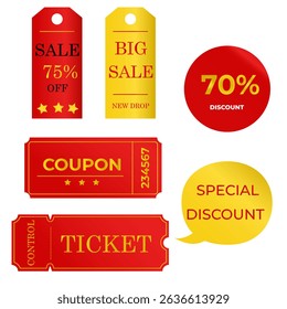 A collection of coupon promotion templates with various visual elements.
 Discount coupon, ticket template, template element for graphic design.Vector illustration