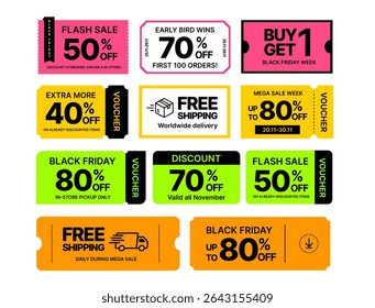 Collection of coupon and sale labels, with coupon code, percent price off, free shipping icon badge, isolated on background. Sale badge, discount voucher icon collection in vector illustration