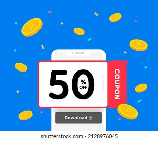 A collection of coupons for a surprise event illustration set. Coin, mobile, cell phone, discount, firecracker. Vector drawing. Hand drawn style.