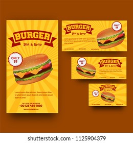 Collection of coupons or voucher with Burger on yellow rays backgroound. 