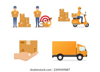 Collection of courier delivery service vector illustration, courier, motorcycle, truck, package