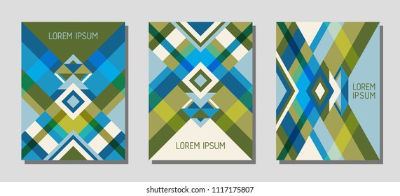 Collection of cover page layouts, vector templates geometric design with triangles and stripes. Ethnic mexican motifs. Bauhaus pattern vector covers design. Cool rhombus stripe triangle shapes.