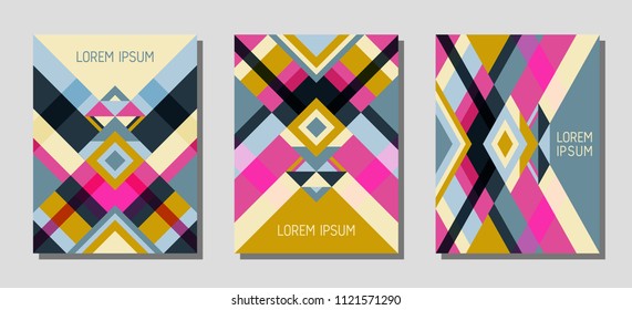 Collection of cover page layouts, vector templates geometric design with triangles and stripes. Ethnic mexican motifs. Bauhaus pattern vector covers design. Modern rhombus stripe triangle shapes.