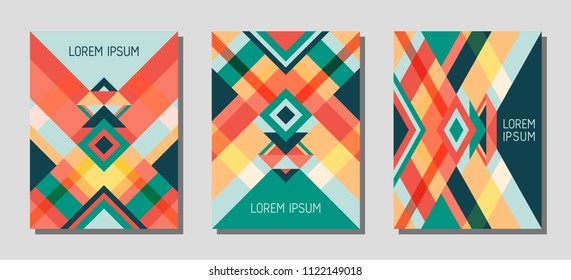 Collection of cover page layouts, vector templates geometric design with triangles and stripes. Ethnic brazil motifs. Bauhaus pattern vector covers design. Modern rhombus stripe triangle shapes.