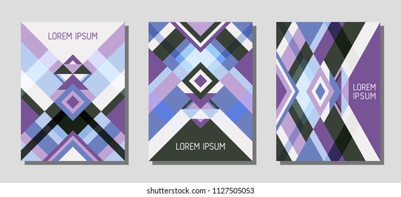 Collection of cover page layouts, vector templates geometric design with triangles and stripes. Festive brazil motifs. Bauhaus pattern vector covers design. Trendy rhombus stripe triangle shapes.