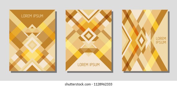 Collection of cover page layouts, vector templates geometric design with triangles and stripes. Folklore mexican motifs. Bauhaus pattern vector covers design. Trendy rhombus stripe triangle shapes.