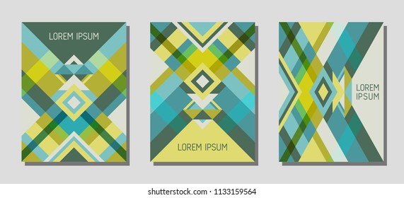 Collection of cover page layouts, vector templates geometric design with triangles and stripes. Ethnic mexican motifs. Bauhaus pattern vector covers design. Minimal rhombus stripe triangle shapes.