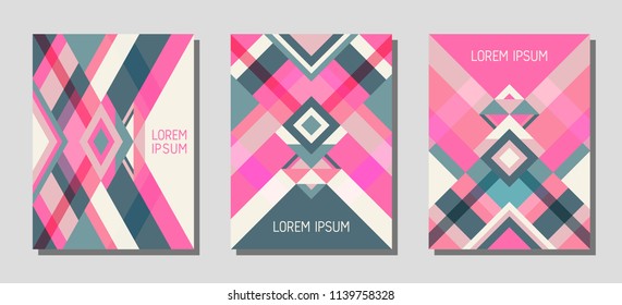 Collection of cover page layouts, vector templates geometric design with triangles and stripes. Festive brazilian motifs. Bauhaus pattern vector covers design. Minimal rhombus stripe triangle shapes.