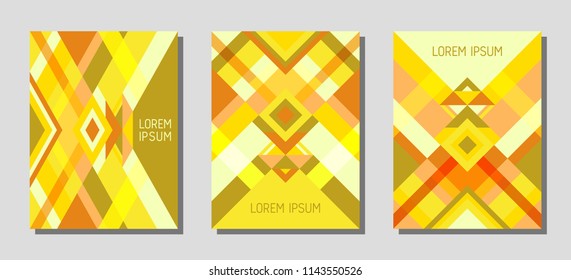 Collection of cover page layouts, vector templates geometric design with triangles and stripes. Festive mexican motifs. Bauhaus pattern vector covers design. Trendy rhombus stripe triangle shapes.