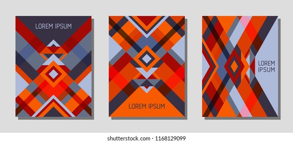 Collection of cover page layouts, vector templates geometric design with triangles and stripes. Ethnic brazilian motifs. Bauhaus pattern vector covers design. Cool rhombus stripe triangle shapes.