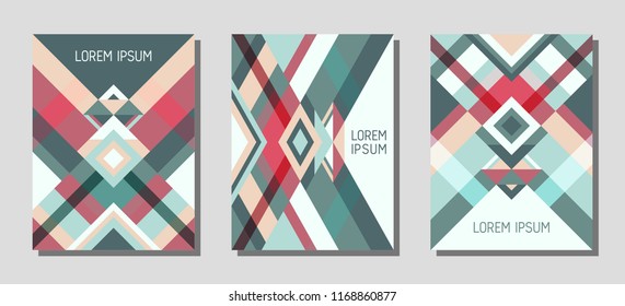 Collection of cover page layouts, vector templates geometric design with triangles and stripes. Festive brazil motifs. Bauhaus pattern vector covers design. Minimal rhombus stripe triangle shapes.