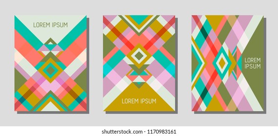 Collection of cover page layouts, vector templates geometric design with triangles and stripes. Carnival mexican motifs. Bauhaus pattern vector covers design. Trendy rhombus stripe triangle shapes.