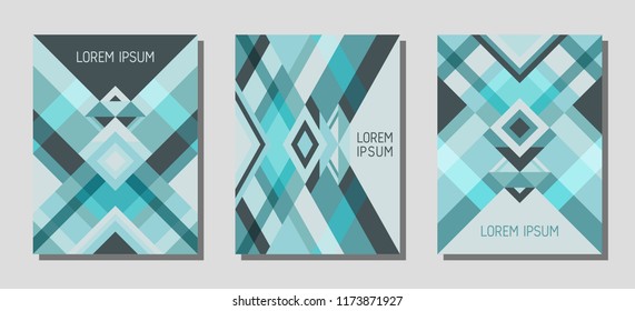 Collection of cover page layouts, vector templates geometric design with triangles and stripes. Ethnic brazil motifs. Bauhaus pattern vector covers design. Modern rhombus stripe triangle shapes.