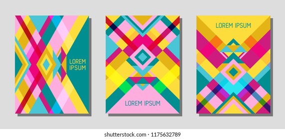 Collection of cover page layouts, vector templates geometric design with triangles and stripes. Festive brazil motifs. Bauhaus pattern vector covers design. Trendy rhombus stripe triangle shapes.