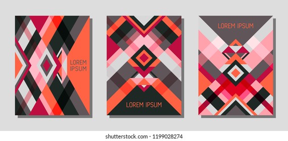 Collection of cover page layouts, vector templates geometric design with triangles and stripes. Ethnic brazilian motifs. Bauhaus pattern vector covers design. Modern rhombus stripe triangle shapes.