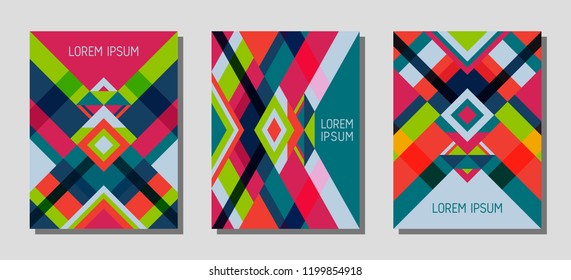 Collection of cover page layouts, vector templates geometric design with triangles and stripes. Festive mexican motifs. Bauhaus pattern vector covers design. Trendy rhombus stripe triangle shapes.