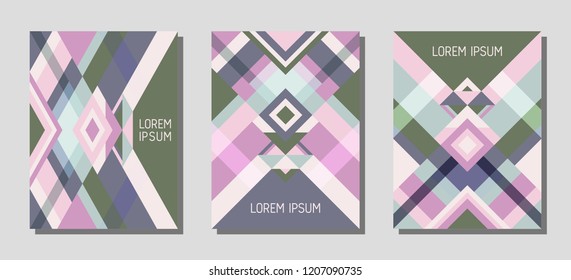 Collection of cover page layouts, vector templates geometric design with triangles and stripes. Carnival brazil motifs. Bauhaus pattern vector covers design. Trendy rhombus stripe triangle shapes.