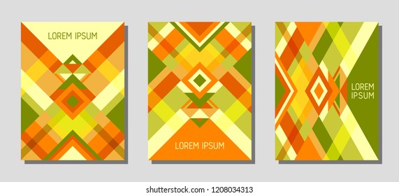 Collection of cover page layouts, vector templates geometric design with triangles and stripes. Ethnic brazilian motifs. Bauhaus pattern vector covers design. Cool rhombus stripe triangle shapes.