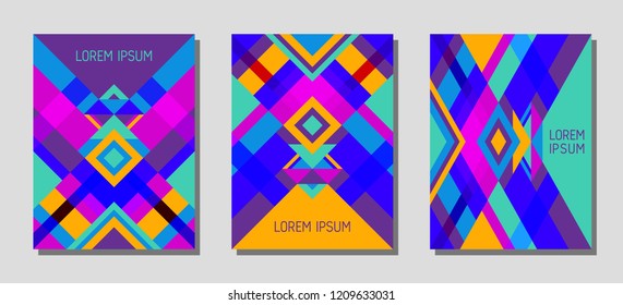 Collection of cover page layouts, vector templates geometric design with triangles and stripes. Carnival brazilian motifs. Bauhaus pattern vector covers design. Minimal rhombus stripe triangle shapes.