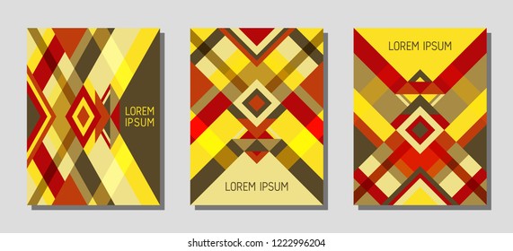 Collection of cover page layouts, vector templates geometric design with triangles and stripes. Folklore mexican motifs. Bauhaus pattern vector covers design. Trendy rhombus stripe triangle shapes.