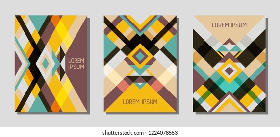 Collection of cover page layouts, vector templates geometric design with triangles and stripes. Folklore mexican motifs. Bauhaus pattern vector covers design. Minimal rhombus stripe triangle shapes.