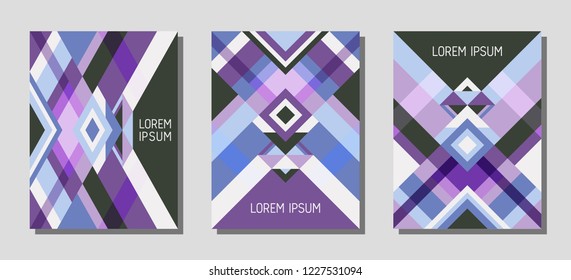 Collection of cover page layouts, vector templates geometric design with triangles and stripes. Festive brazilian motifs. Bauhaus pattern vector covers design. Trendy rhombus stripe triangle shapes.