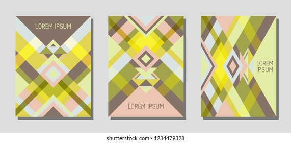 Collection of cover page layouts, vector templates geometric design with triangles and stripes. Carnival mexican motifs. Bauhaus pattern vector covers design. Trendy rhombus stripe triangle shapes.