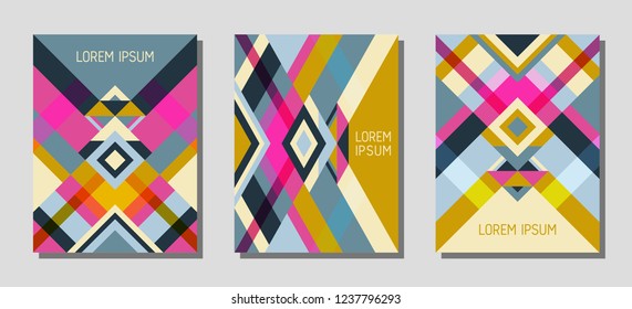 Collection of cover page layouts, vector templates geometric design with triangles and stripes. Festive brazilian motifs. Bauhaus pattern vector covers design. Cool rhombus stripe triangle shapes.
