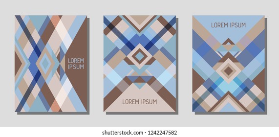 Collection of cover page layouts, vector templates geometric design with triangles and stripes. Festive brazilian motifs. Bauhaus pattern vector covers design. Trendy rhombus stripe triangle shapes.