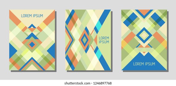 Collection of cover page layouts, vector templates geometric design with triangles and stripes. Folklore brazilian motifs. Bauhaus pattern vector covers design. Trendy rhombus stripe triangle shapes.