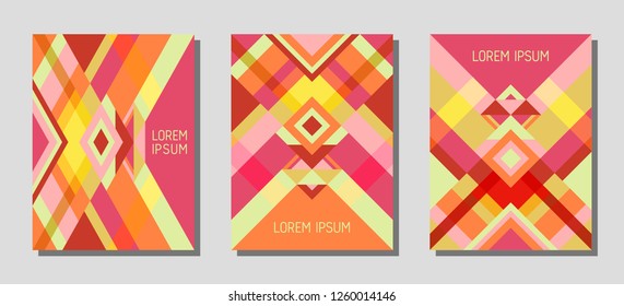 Collection of cover page layouts, vector templates geometric design with triangles and stripes. Ethnic brazilian motifs. Bauhaus pattern vector covers design. Minimal rhombus stripe triangle shapes.