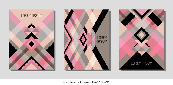 Collection of cover page layouts, vector templates geometric design with triangles and stripes. Festive mexican motifs. Bauhaus pattern vector covers design. Trendy rhombus stripe triangle shapes.