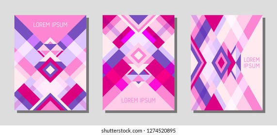 Collection of cover page layouts, vector templates geometric design with triangles and stripes. Ethnic mexican motifs. Bauhaus pattern vector covers design. Trendy rhombus stripe triangle shapes.