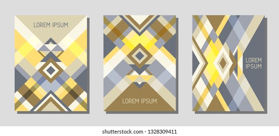 Collection of cover page layouts, vector templates geometric design with triangles and stripes. Carnival mexican motifs. Bauhaus pattern vector covers design. Cool rhombus stripe triangle shapes.
