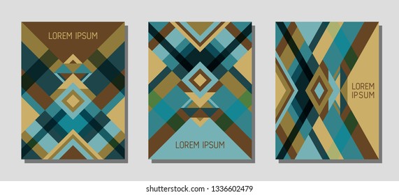 Collection of cover page layouts, vector templates geometric design with triangles and stripes. Ethnic brazilian motifs. Bauhaus pattern vector covers design. Cool rhombus stripe triangle shapes.