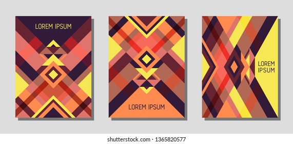 Collection of cover page layouts, vector templates geometric design with triangles and stripes. Carnival brazil motifs. Bauhaus pattern vector covers design. Minimal rhombus stripe triangle shapes.
