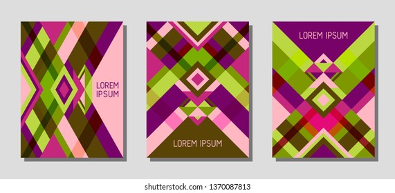 Collection of cover page layouts, vector templates geometric design with triangles and stripes. Folklore brazilian motifs. Bauhaus pattern vector covers design. Modern rhombus stripe triangle shapes.