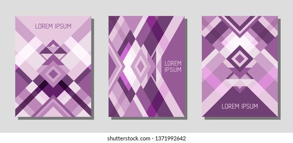 Collection of cover page layouts, vector templates geometric design with triangles and stripes. Festive mexican motifs. Bauhaus pattern vector covers design. Cool rhombus stripe triangle shapes.