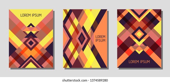 Collection of cover page layouts, vector templates geometric design with triangles and stripes. Folklore mexican motifs. Bauhaus pattern vector covers design. Modern rhombus stripe triangle shapes.