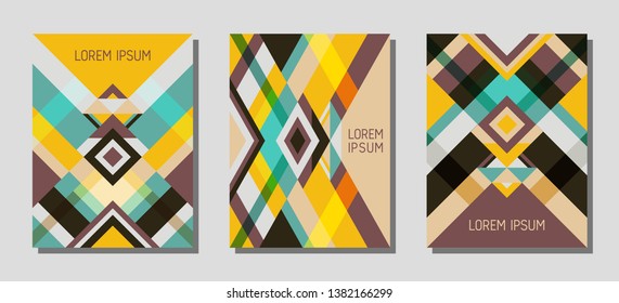 Collection of cover page layouts, vector templates geometric design with triangles and stripes. Carnival mexican motifs. Bauhaus pattern vector covers design. Trendy rhombus stripe triangle shapes.