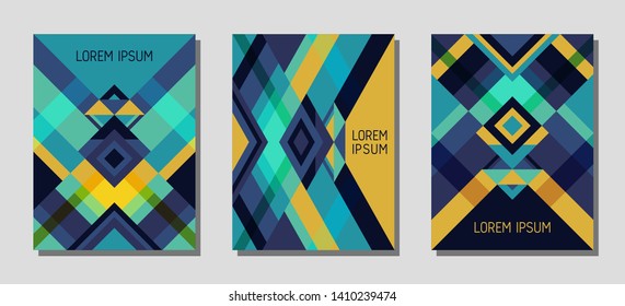 Collection of cover page layouts, vector templates geometric design with triangles and stripes. Carnival brazil motifs. Bauhaus pattern vector covers design. Cool rhombus stripe triangle shapes.