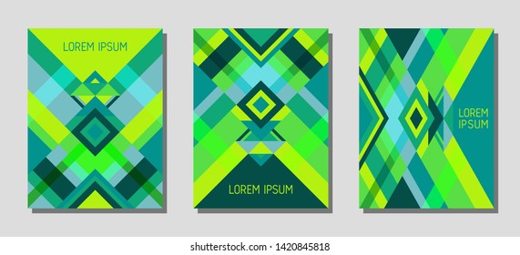 Collection of cover page layouts, vector templates geometric design with triangles and stripes. Festive brazilian motifs. Bauhaus pattern vector covers design. Cool rhombus stripe triangle shapes.