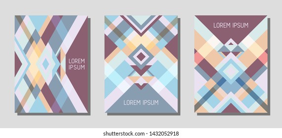 Collection of cover page layouts, vector templates geometric design with triangles and stripes. Ethnic brazilian motifs. Bauhaus pattern vector covers design. Cool rhombus stripe triangle shapes.