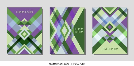 Collection of cover page layouts, vector templates geometric design with triangles and stripes. Ethnic mexican motifs. Bauhaus pattern vector covers design. Trendy rhombus stripe triangle shapes.