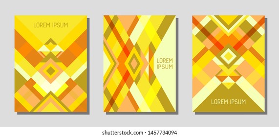 Collection of cover page layouts, vector templates geometric design with triangles and stripes. Carnival mexican motifs. Bauhaus pattern vector covers design. Minimal rhombus stripe triangle shapes.