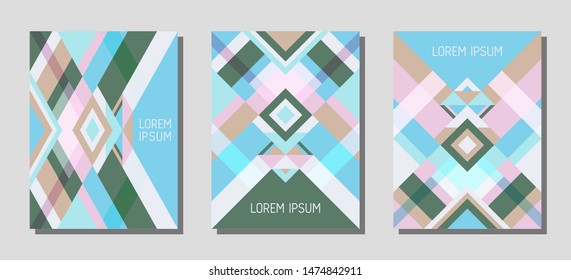 Collection of cover page layouts, vector templates geometric design with triangles and stripes. Folklore mexican motifs. Bauhaus pattern vector covers design. Modern rhombus stripe triangle shapes.