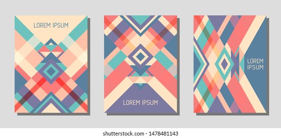 Collection of cover page layouts, vector templates geometric design with triangles and stripes. Folklore brazil motifs. Bauhaus pattern vector covers design. Minimal rhombus stripe triangle shapes.