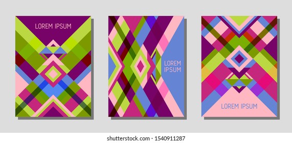 Collection of cover page layouts, vector templates geometric design with triangles and stripes. Folklore brazil motifs. Bauhaus pattern vector covers design. Trendy rhombus stripe triangle shapes.