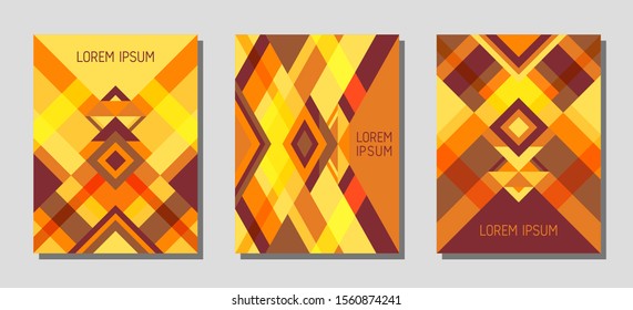 Collection of cover page layouts, vector templates geometric design with triangles and stripes. Carnival brazil motifs. Bauhaus pattern vector covers design. Cool rhombus stripe triangle shapes.